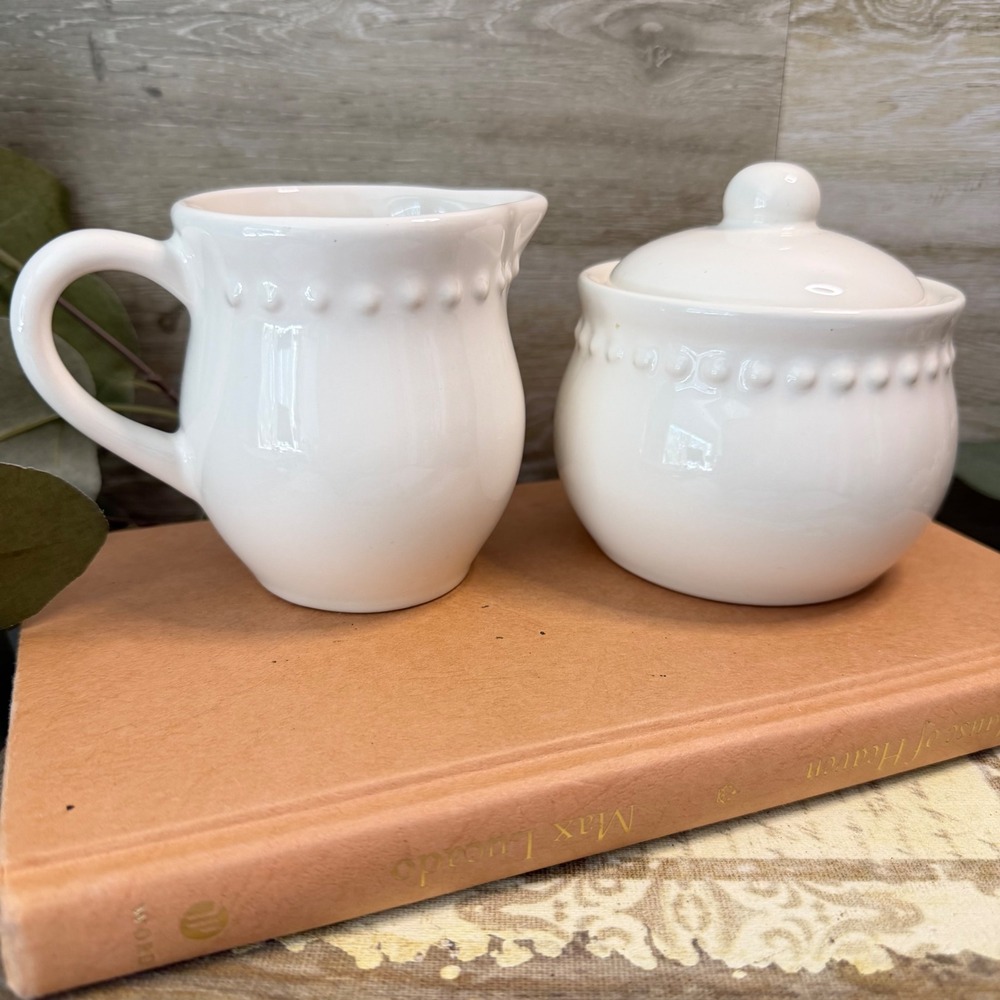 Pottery Barn Emma White Beaded Creamer and Sugar Bowl Set Made in Portugal